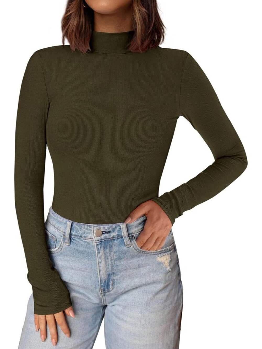 Women's Olive Ribbed Knit Mock Turtleneck Long Sleeve Undershirts Slim Fit Top